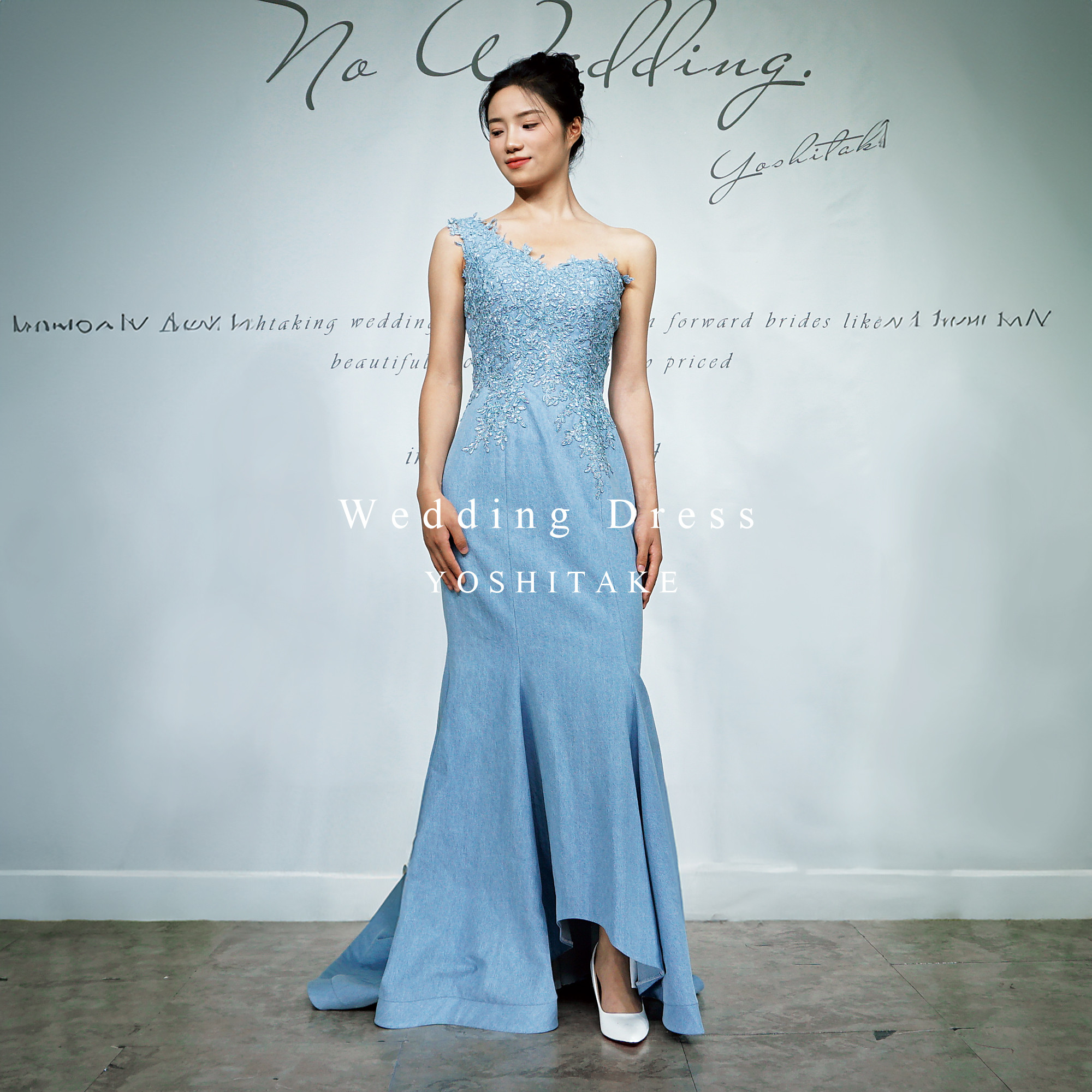【オーダー制作】ウエディングドレス.ブルーデニム.カラードレス.マーメイド.ワンショルダー.Y2327