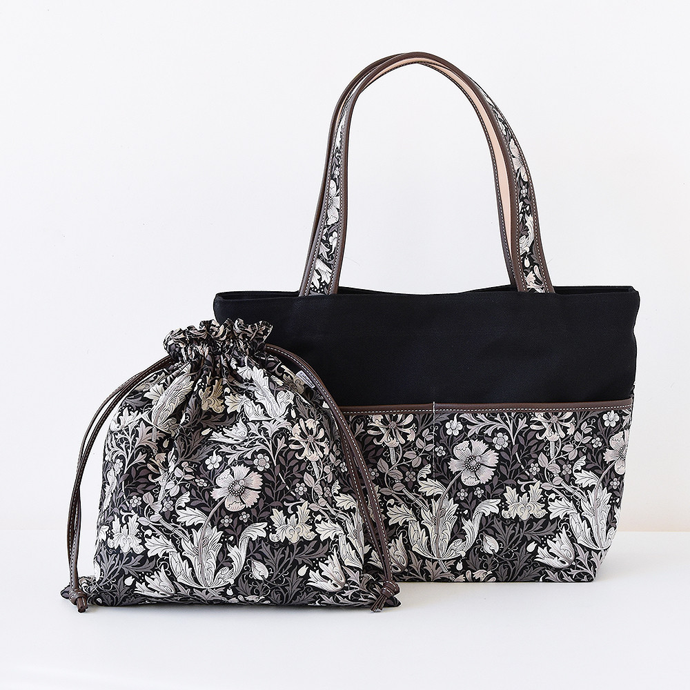 新春福袋 モリス×倉敷帆布 A4トートバッグ＆巾着ペアセット ウイリアムモリス 本革 コンプトン ブラック系