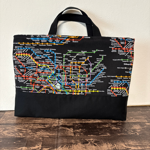 【YN】道路柄☆ハンドメイド　レッスンバッグ 電車柄 往来線 路線図 レッスンバッグ 受注制作 図書バック レッスン