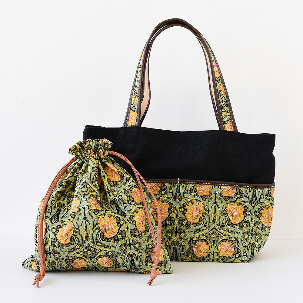 新春福袋 モリス×倉敷帆布 A4トートバッグ＆巾着ペアセット ウイリアムモリス 本革 帆布 ピンパネルA