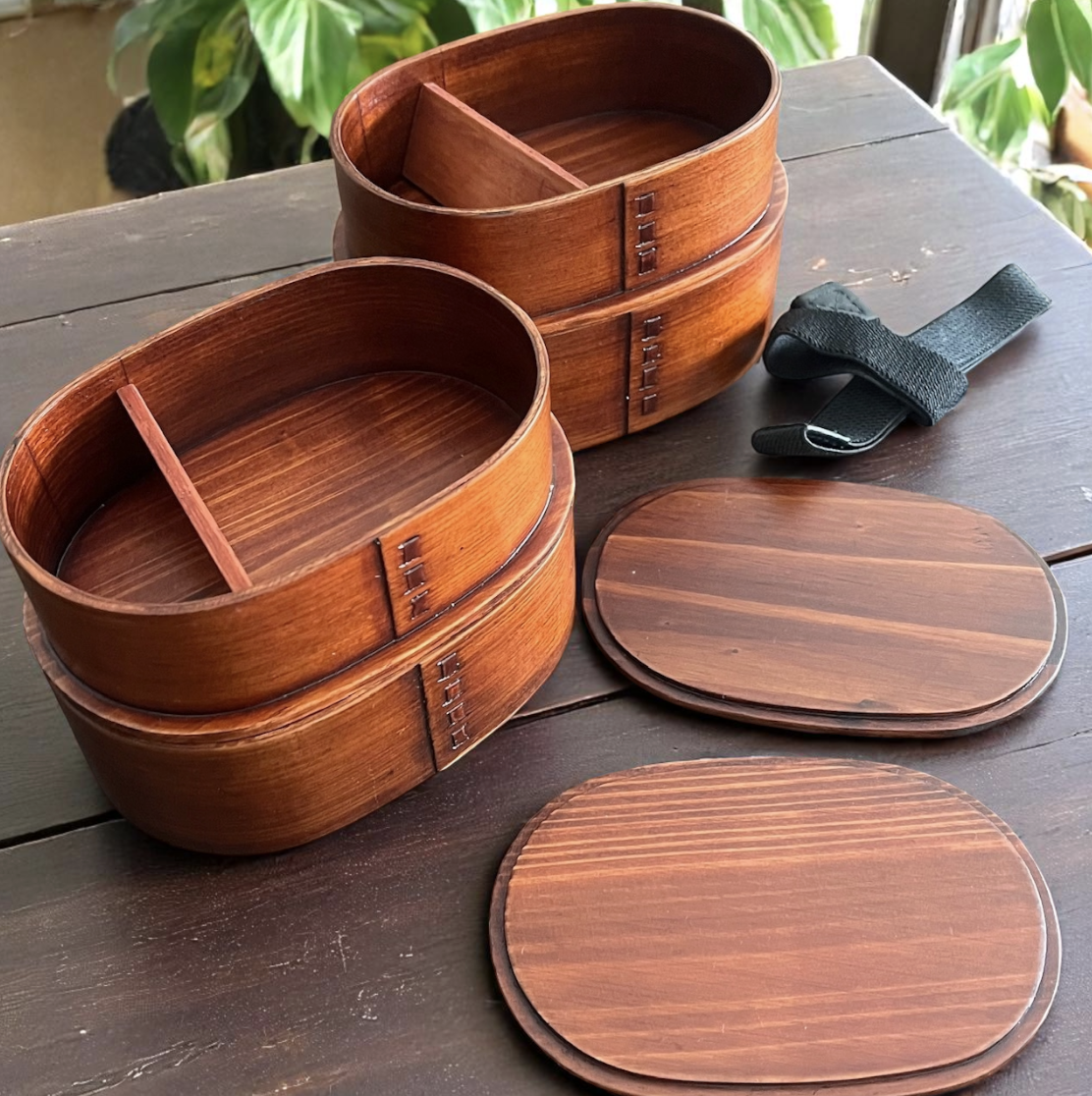 ２個セット＜木製＞曲げわっぱ弁当箱 二段 入れ子 木目 バンド付き