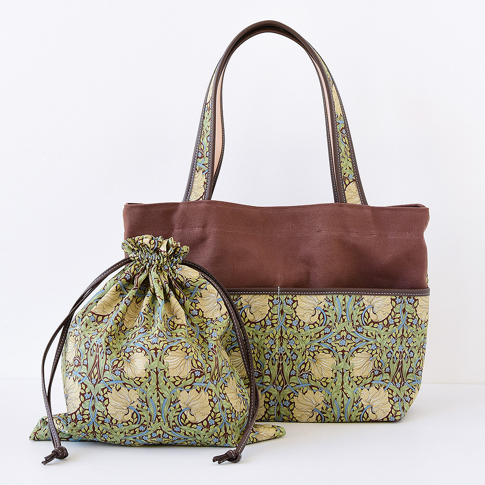 新春福袋 モリス×倉敷帆布 A4トートバッグ＆巾着ペアセット ウイリアムモリス 本革 帆布 ピンパネルB