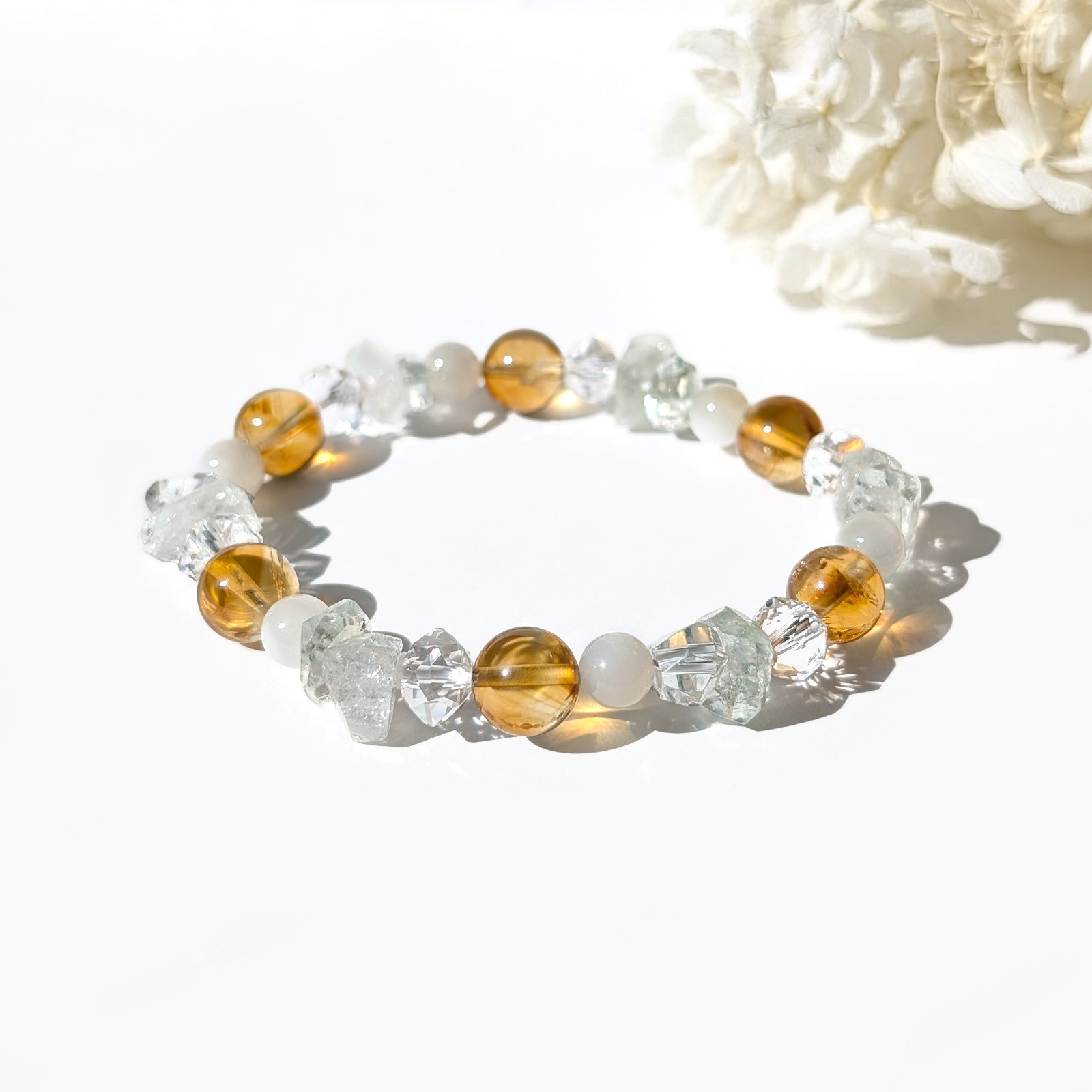 Hanakanmuri／一点もの シトリン×ホワイトムーンストーン×グリーンアメジスト 花かんむりブレスレット 6,156円