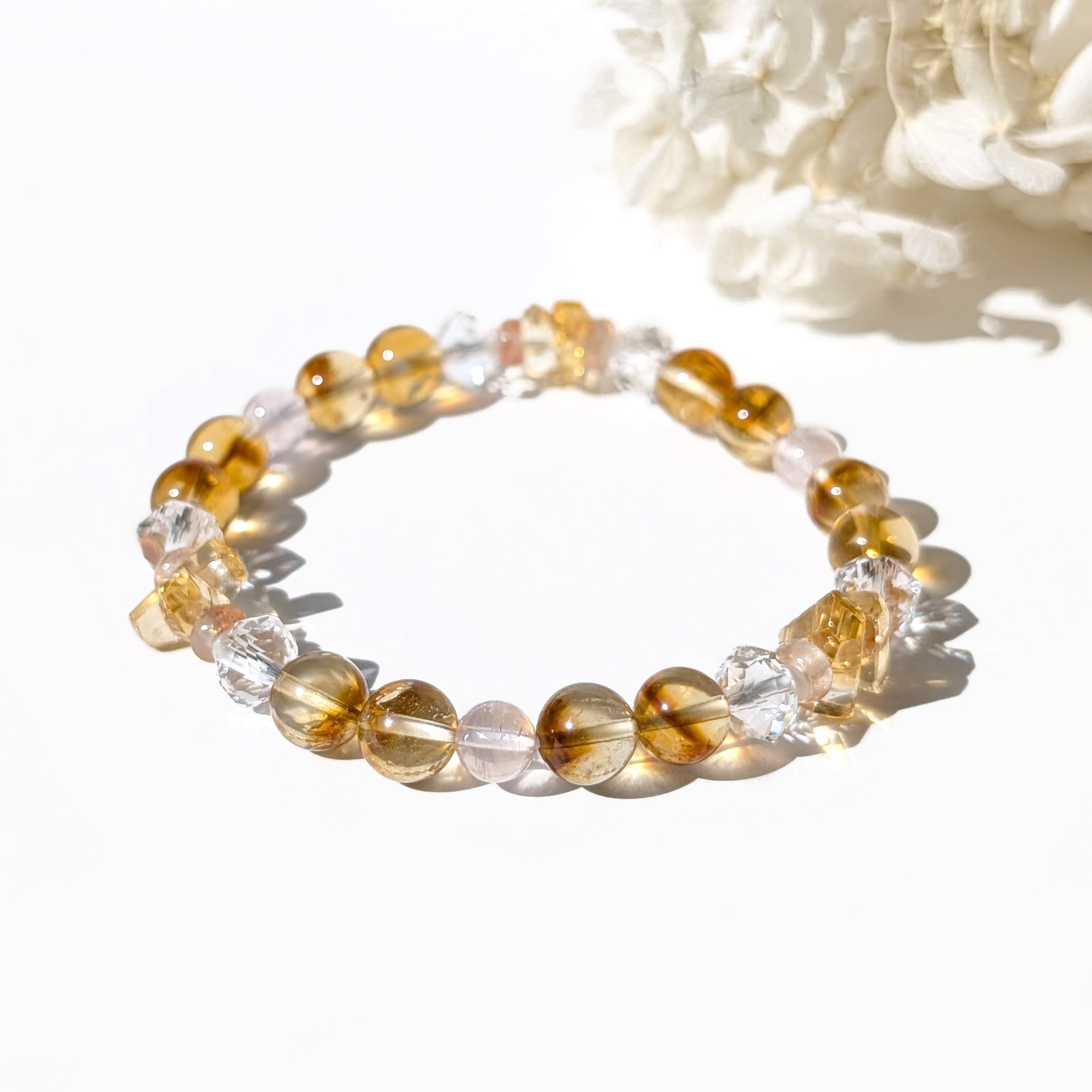 Hanakanmuri／一点もの シトリン×ローズクォーツ×水晶 花かんむりブレスレット