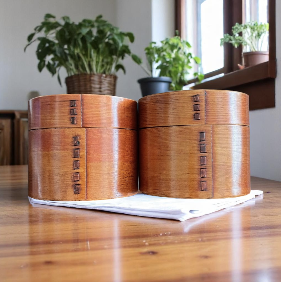 ２個セット＜木製＞＜木製＞曲げわっぱ 弁当箱 木製二段丸型 木目 バンド付き