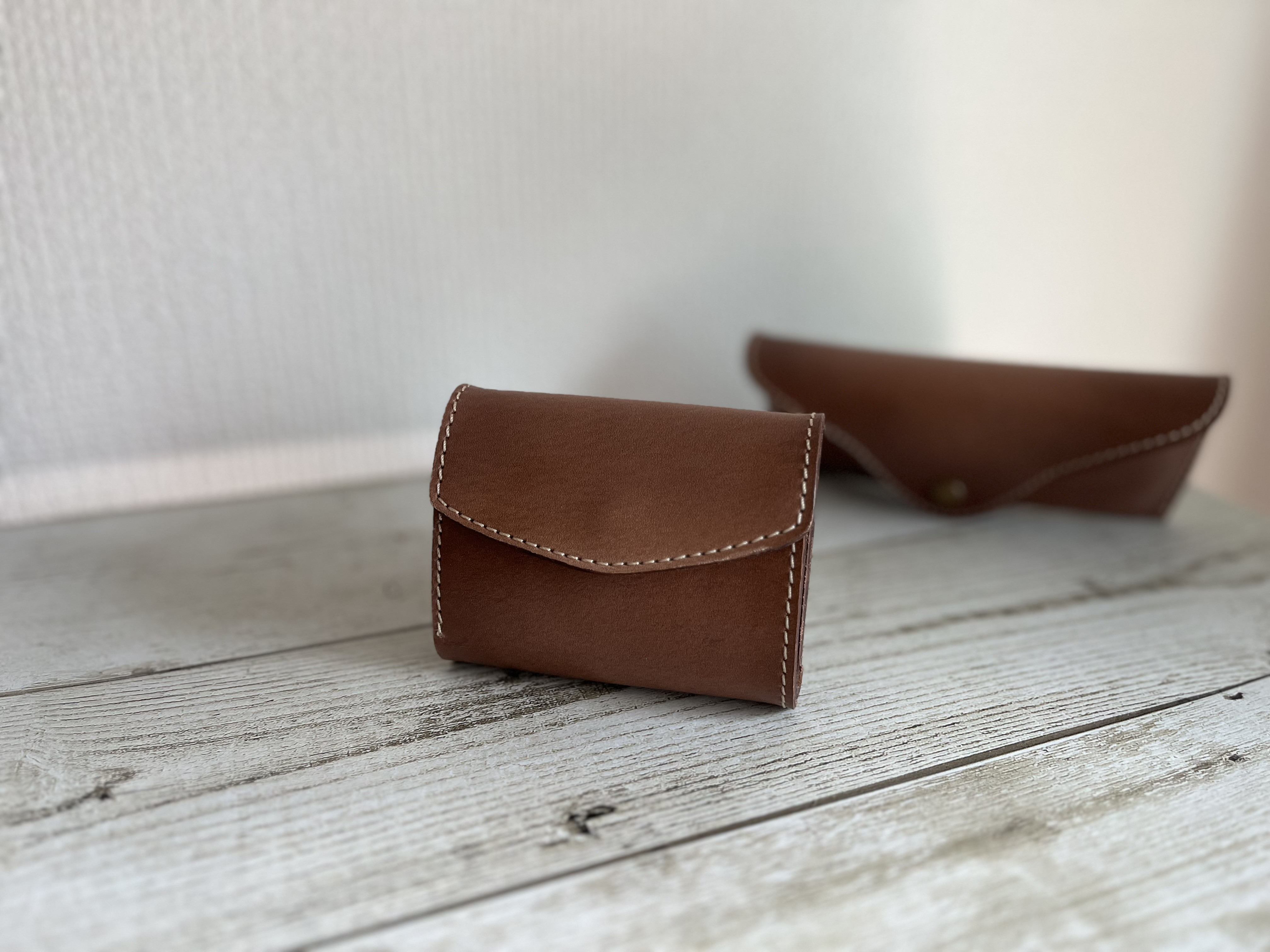 レザー　ミニ財布　三つ折り　モカムース　ブラウン　手染め