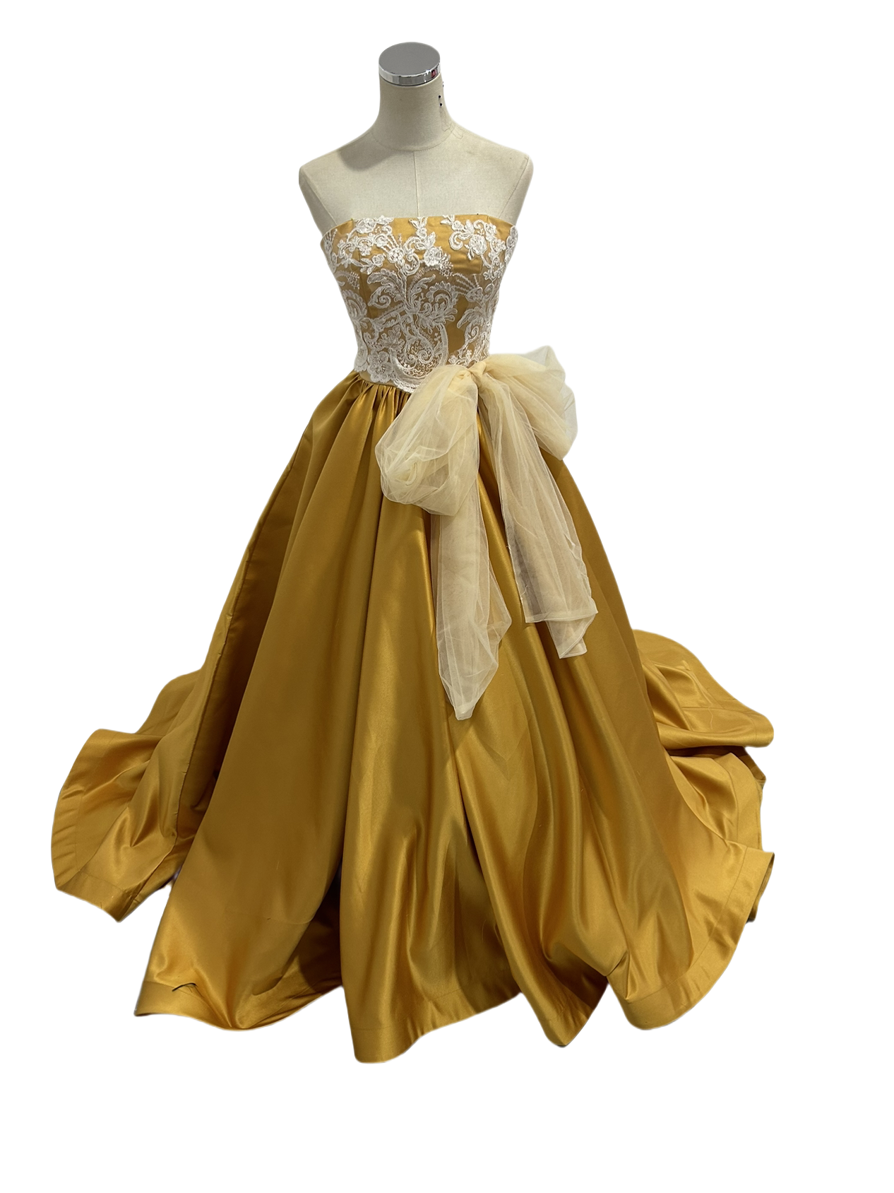 送料無料！カラードレス イエロー 上品レース リボン ト 華やかなトレーン 刺繡 プリンセスライン 花嫁 結婚式/前撮り