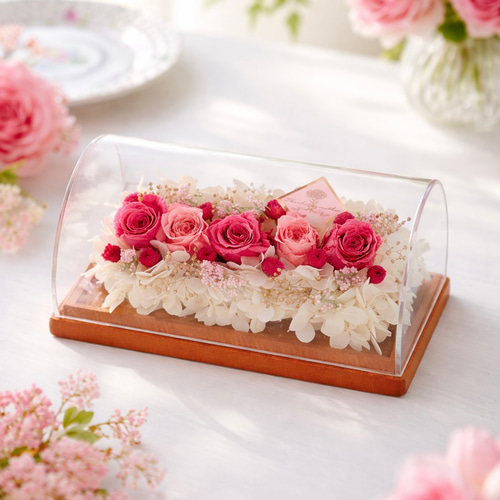 ハンドメイド❣️クリスマスアレンジ❣️ツリー、ケーキプリザーブドフラワー薔薇❁⃘*.゜ 母の日》薔薇のケーキアレンジFleur Roll （ボックス入り/プリザーブド
