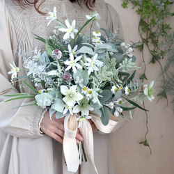 シルバーグリーンブーケ ブートニア付き ハーブブーケ 造花ブーケ