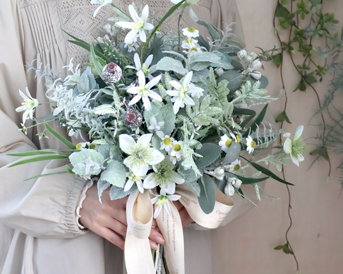 シルバーグリーンブーケ ブートニア付き ハーブブーケ 造花ブーケ