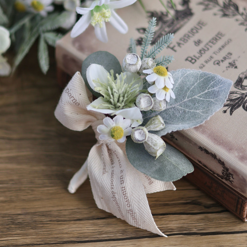 シルバーグリーンブーケ ブートニア付き ハーブブーケ 造花ブーケ