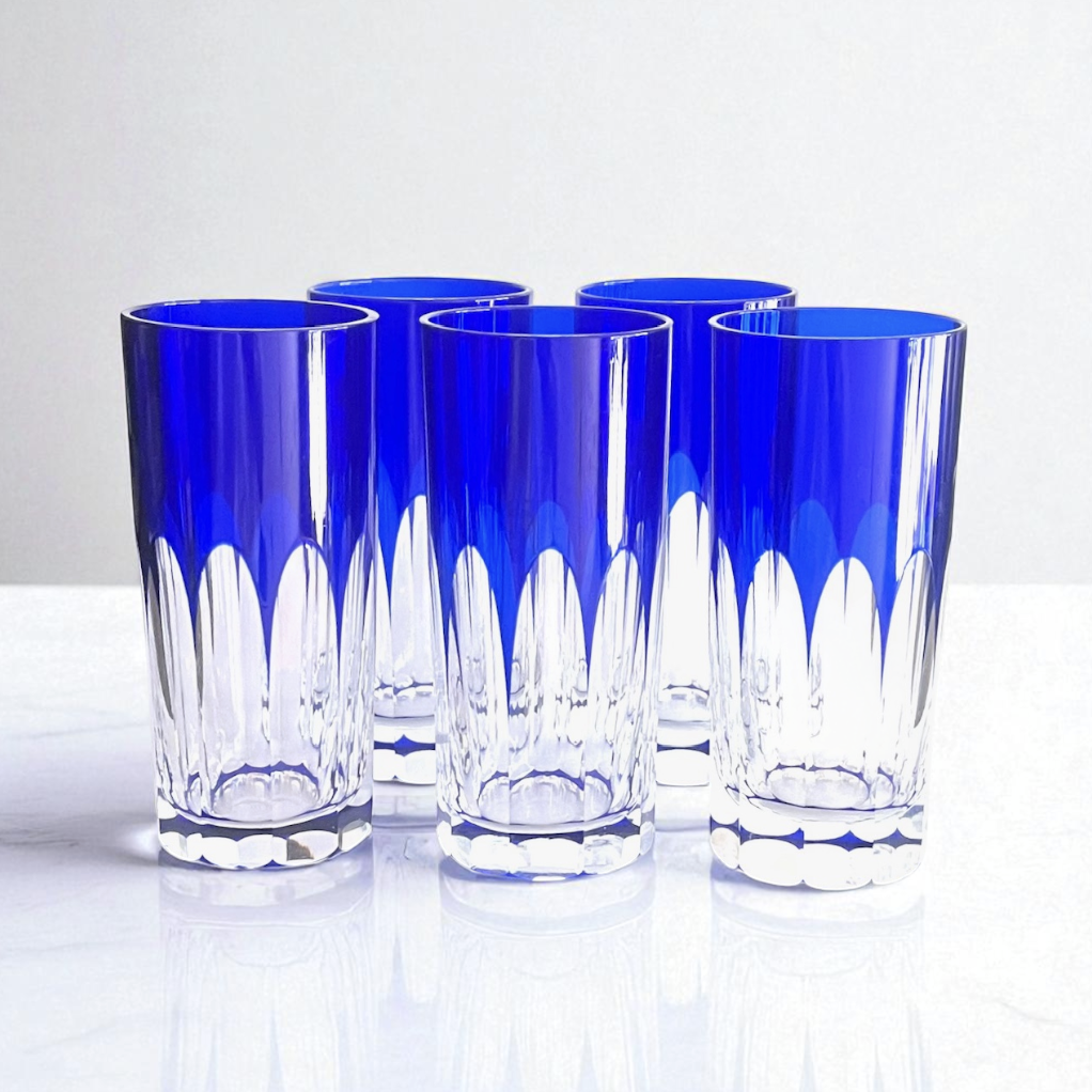 高品質 薩摩切子グラス 5客 色被せガラス 切子硝子 青