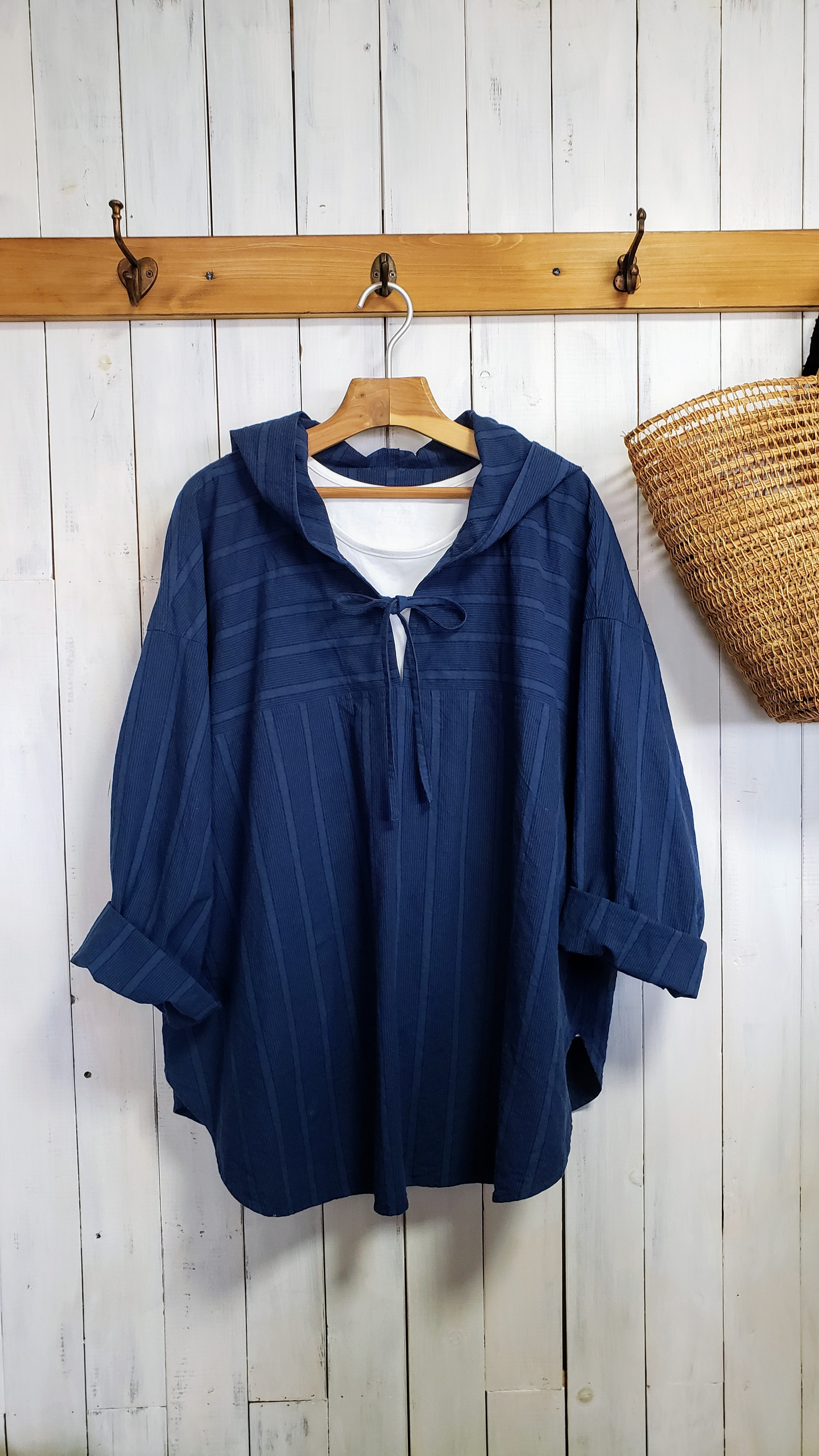 コットンリネン　紺×藍色ストライプ フード付きプルオーバーシャツ S～6L