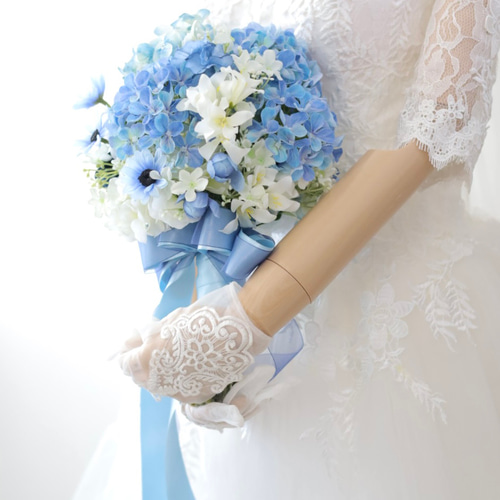 紫陽花造花ブーケ・ブートニアセット 爽やか紫陽花ブーケ ウェディングブーケ ブートニアセット