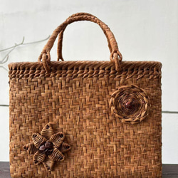 山葡萄籠バッグ 手作り 網代編み・花編み 巾着タイプ内布 オリジナル