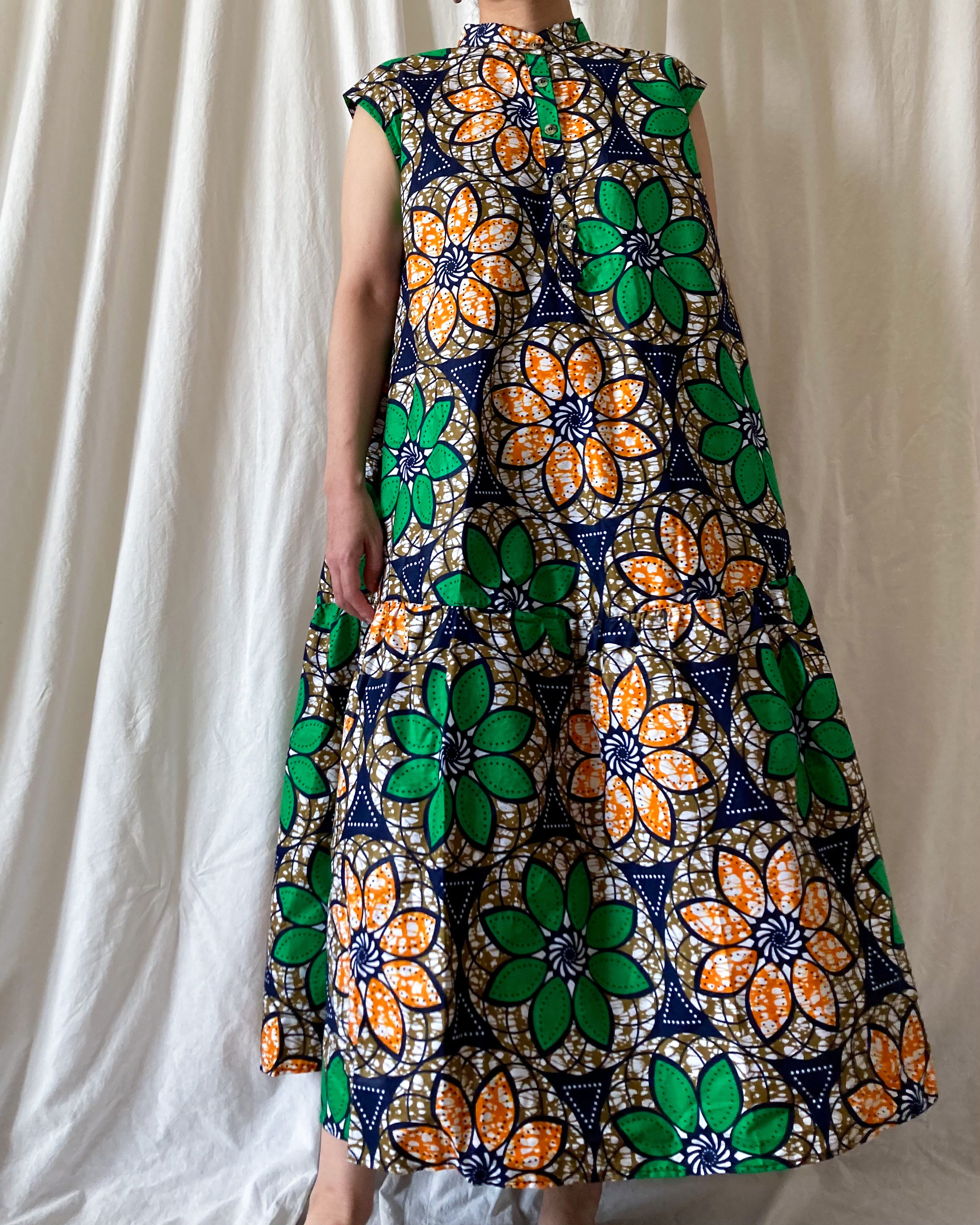 アフリカンバティック（アフリカ布）ティアードワンピース｜TD-207W