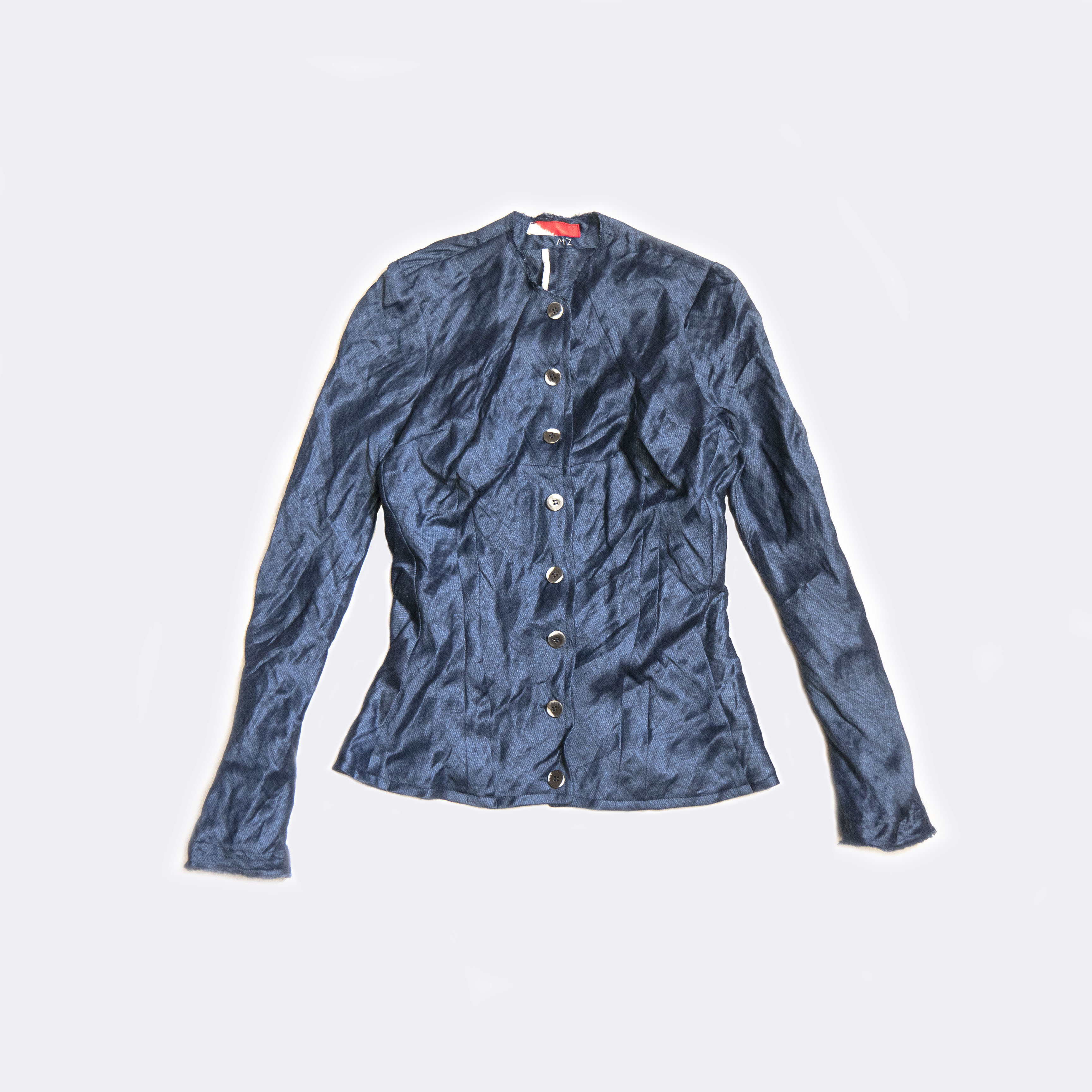 オーダーメイド、水色、シワ加工光沢リネン、貝ボタン、スプリングジャケット、サイズ指定可能、サイズS(サンプル)