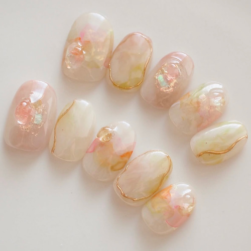 春色ニュアンスネイル ピンク オレンジ グリーン 黄緑 春 ニュアンス