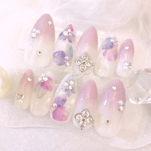 No.79 オーダー ♡ 紫陽花 あじさい 押し花 フレンチ ガーリー ジェル