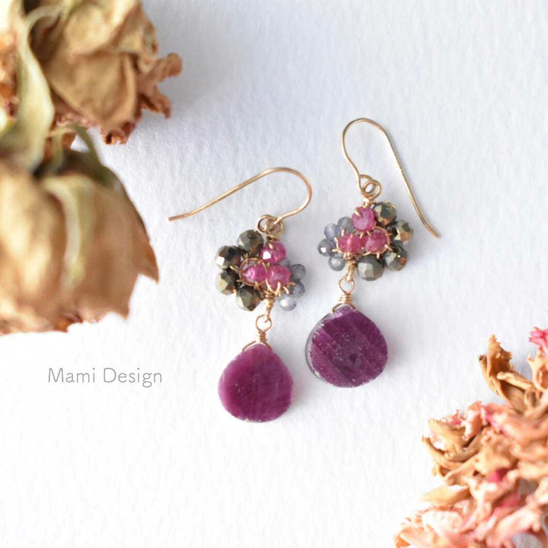 14KGF ルビーとパイライトのピアス