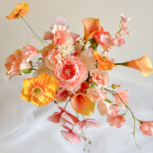 オレンジ　ピンク　イエロー　ウェディングブーケ　造花　胡蝶蘭　リボン　結婚式 オレンジ ピンク イエロー ウェディングブーケ 造花 胡蝶蘭