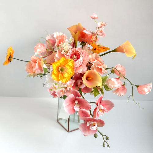 コーラルピンクブーケ ウェディング ビタミンカラー 胡蝶蘭 ポピー