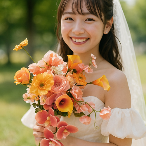 オレンジ ピンク イエロー ウェディングブーケ 造花 胡蝶蘭 リボン