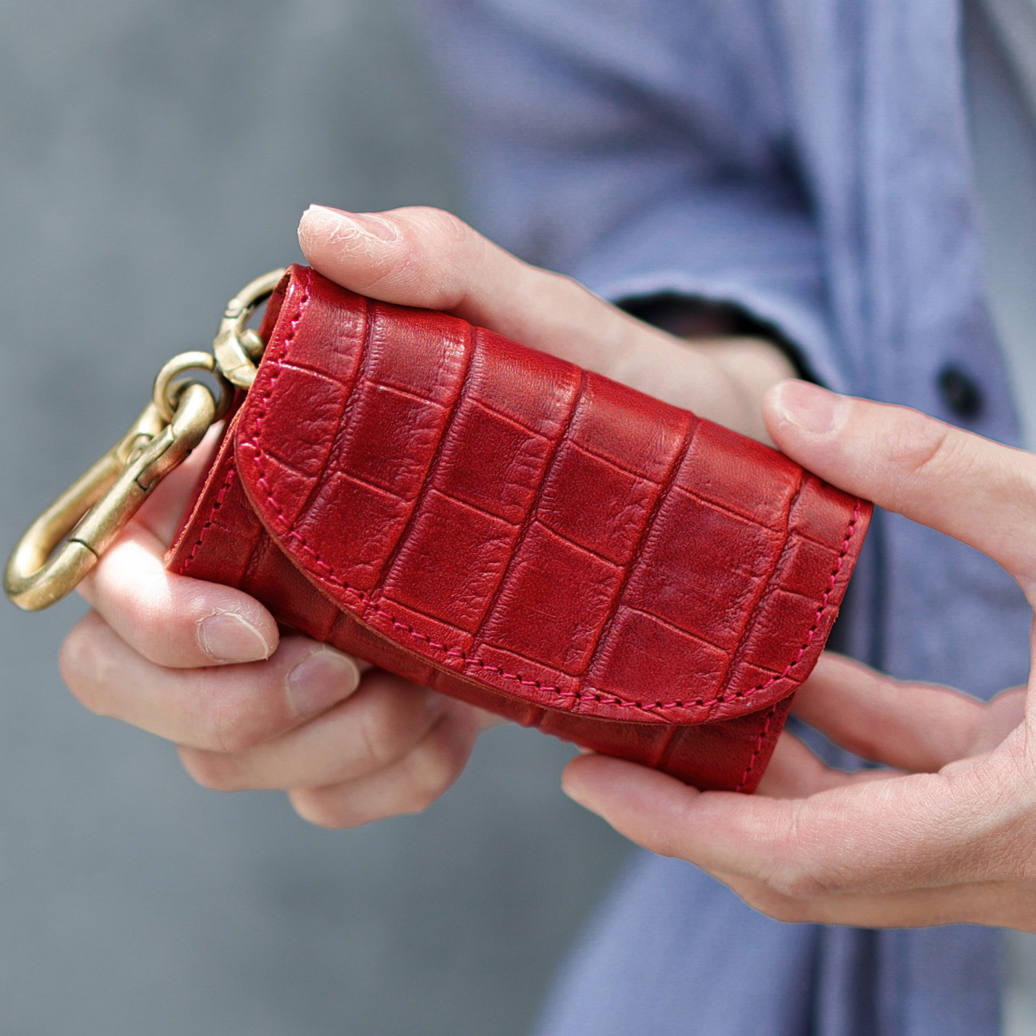 送料無料 栃木レザー クロコ 型押し 日本製 カラビナ 付き キーケース コインケース PAOLO レッド 本革