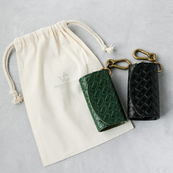 送料無料 栃木レザー イントレチャート 日本製 カラビナ 付き キーケース コインケース PAOLO グリーン メッシュ 9枚目の画像