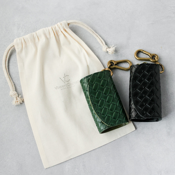 送料無料 栃木レザー イントレチャート 日本製 カラビナ 付き キーケース コインケース PAOLO グリーン メッシュ 9枚目の画像