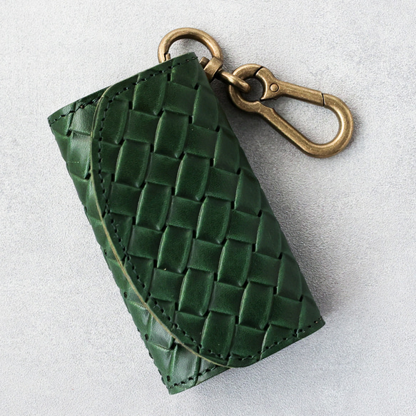送料無料 栃木レザー イントレチャート 日本製 カラビナ 付き キーケース コインケース PAOLO グリーン メッシュ 3枚目の画像