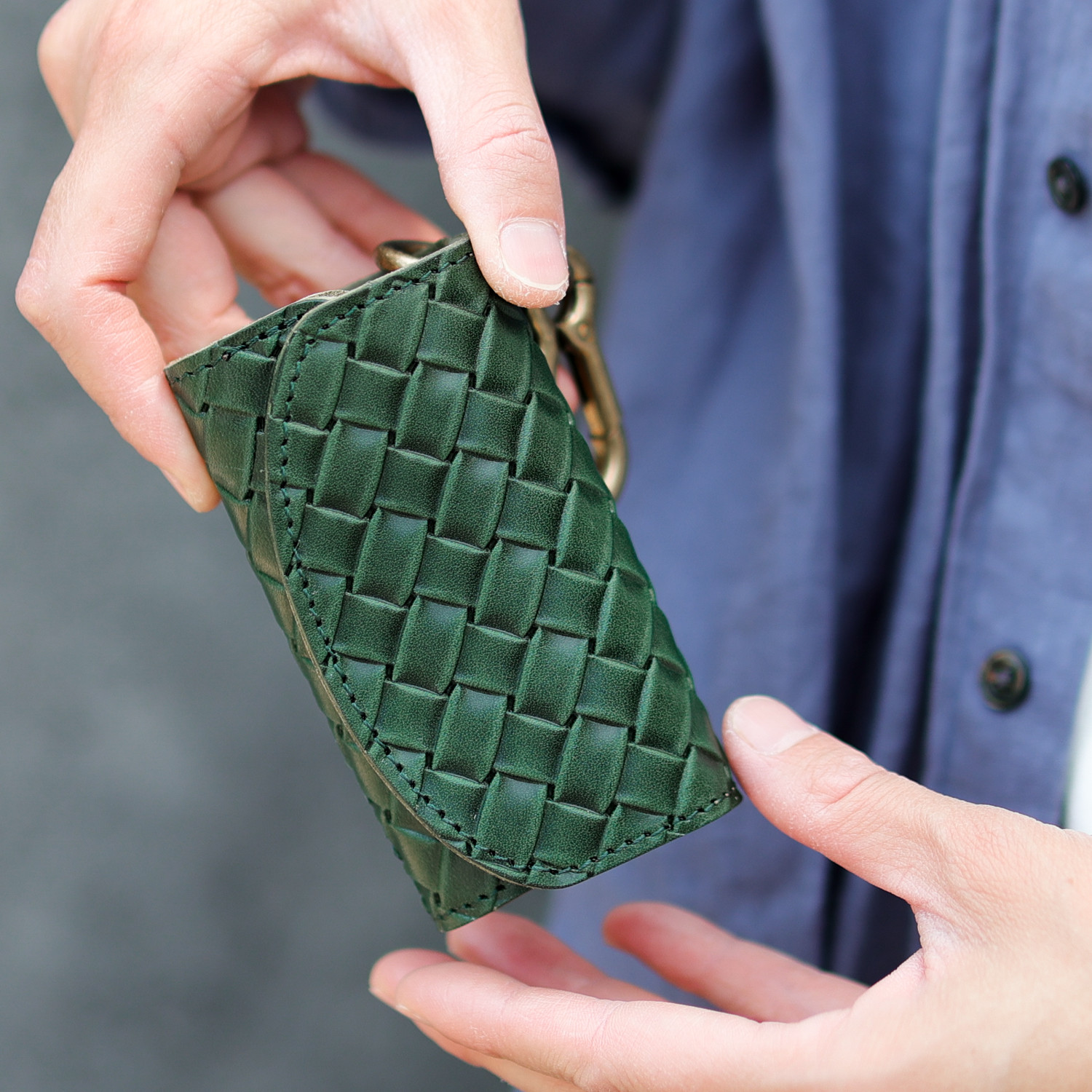 送料無料 栃木レザー イントレチャート 日本製 カラビナ 付き キーケース コインケース PAOLO グリーン メッシュ