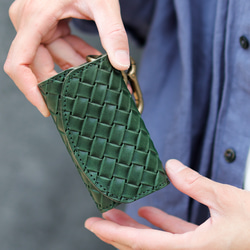 送料無料 栃木レザー イントレチャート 日本製 カラビナ 付き キーケース コインケース PAOLO グリーン メッシュ 1枚目の画像