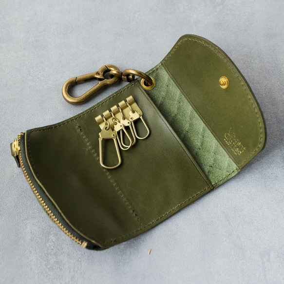 送料無料 栃木レザー イントレチャート 日本製 カラビナ 付き キーケース コインケース PAOLO グリーン メッシュ 6枚目の画像