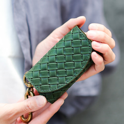 送料無料 栃木レザー イントレチャート 日本製 カラビナ 付き キーケース コインケース PAOLO グリーン メッシュ 2枚目の画像