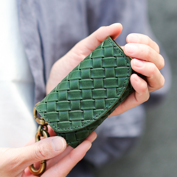 送料無料 栃木レザー イントレチャート 日本製 カラビナ 付き キーケース コインケース PAOLO グリーン メッシュ 2枚目の画像