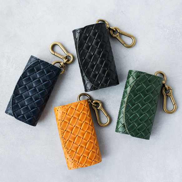 送料無料 栃木レザー イントレチャート 日本製 カラビナ 付き キーケース コインケース PAOLO グリーン メッシュ 8枚目の画像