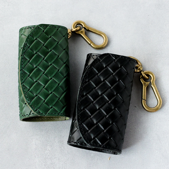 送料無料 栃木レザー イントレチャート 日本製 カラビナ 付き キーケース コインケース PAOLO グリーン メッシュ 4枚目の画像