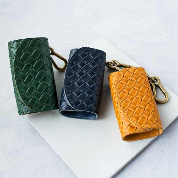 送料無料 栃木レザー イントレチャート 日本製 カラビナ 付き キーケース コインケース PAOLO グリーン メッシュ 5枚目の画像