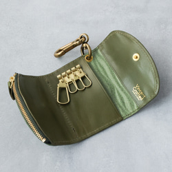 送料無料 栃木レザー キャニオン 型押し 日本製 カラビナ 付き キーケース コインケース PAOLO グリーン 本革 6枚目の画像