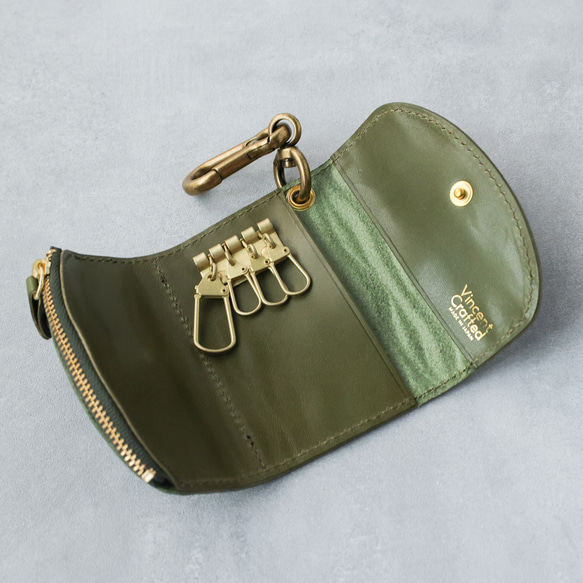 送料無料 栃木レザー キャニオン 型押し 日本製 カラビナ 付き キーケース コインケース PAOLO グリーン 本革 6枚目の画像