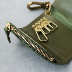 送料無料 栃木レザー キャニオン 型押し 日本製 カラビナ 付き キーケース コインケース PAOLO グリーン 本革 7枚目の画像