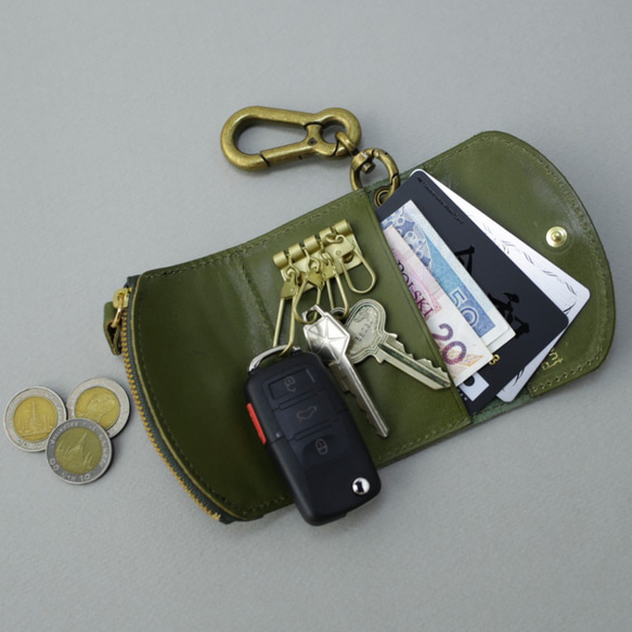 送料無料 栃木レザー キャニオン 型押し 日本製 カラビナ 付き キーケース コインケース PAOLO グリーン 本革 5枚目の画像