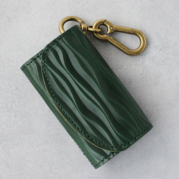 送料無料 栃木レザー キャニオン 型押し 日本製 カラビナ 付き キーケース コインケース PAOLO グリーン 本革 3枚目の画像