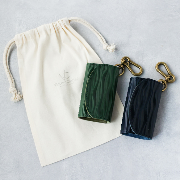 送料無料 栃木レザー キャニオン 型押し 日本製 カラビナ 付き キーケース コインケース PAOLO ネイビー 本革 8枚目の画像