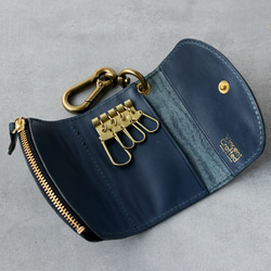 送料無料 栃木レザー キャニオン 型押し 日本製 カラビナ 付き キーケース コインケース PAOLO ネイビー 本革 5枚目の画像