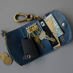 送料無料 栃木レザー キャニオン 型押し 日本製 カラビナ 付き キーケース コインケース PAOLO ネイビー 本革 4枚目の画像