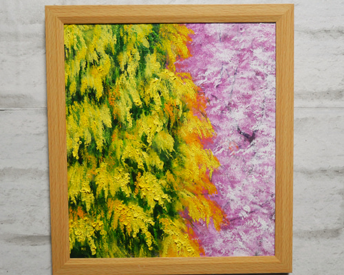 油絵 油彩 油彩画 絵 絵画 【ミモザと桜】 絵画 HR 通販 19066651