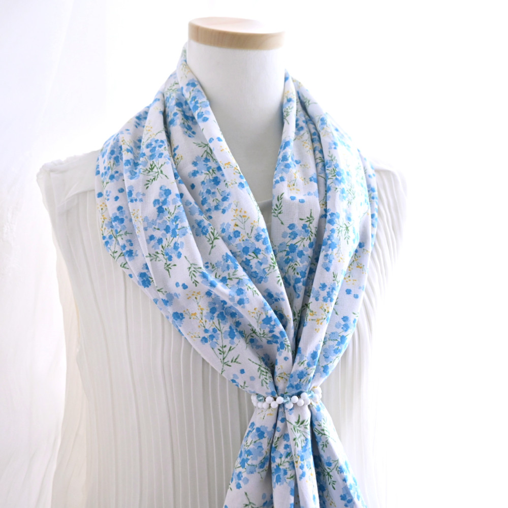 春もの超早割✨ストールリング付き♪勿忘草 咲き誇る、ショート 春夏 ストール《コットンリネン》