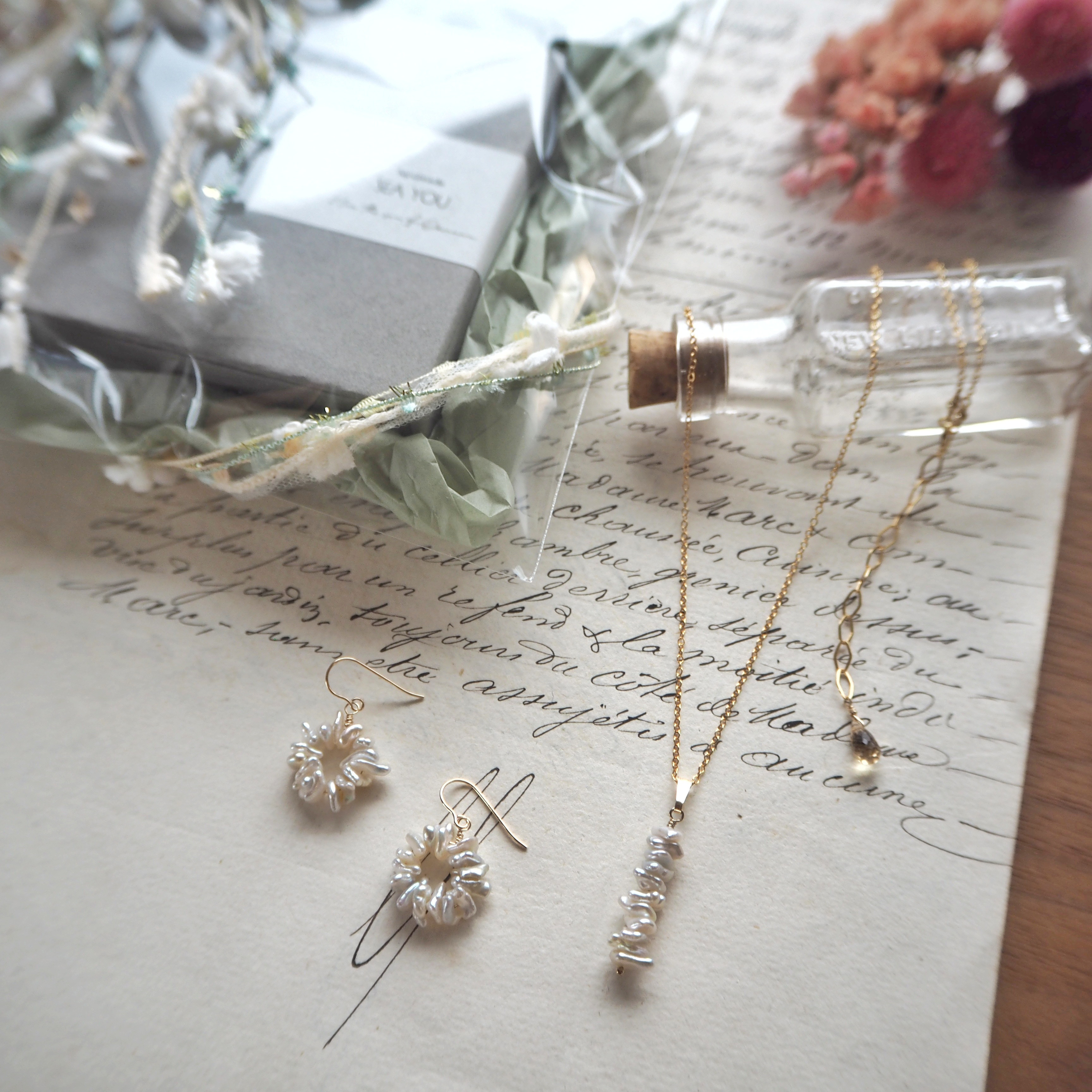 【creema限定】14Kgf×あこやケシパールのピアス·ネックレスセット